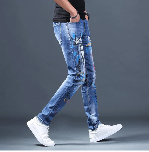 Slim Fit Korean Streetwear Graphical Printed Luxury Hip-Hop Stretch Denim Jeans for Men - Perfect Medium Wash Jeans Outfit